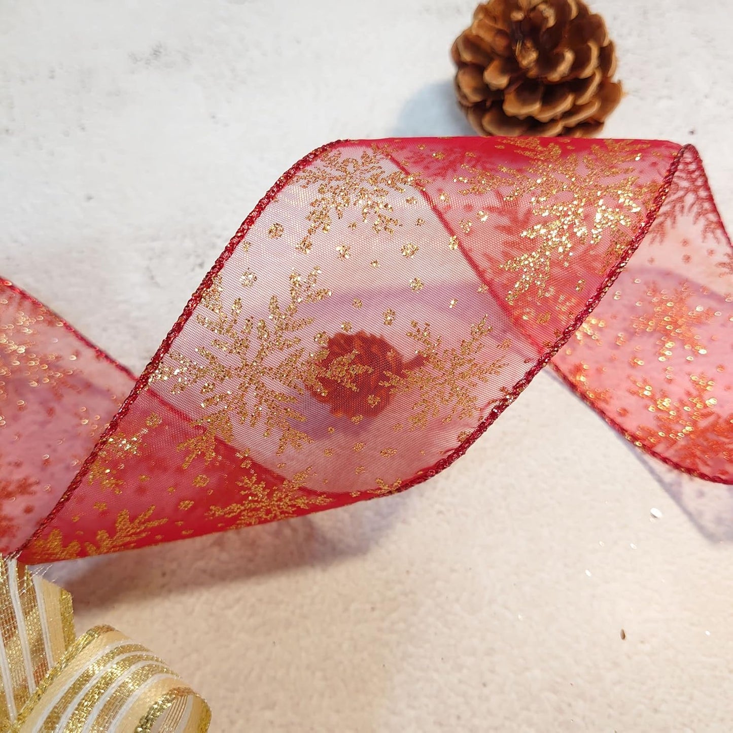 CT CRAFT LLC Organza with Red Glitter Snowflakes Wired Ribbon 2.5 inch x 50 Yards for Christmas Home Decor Tree Topper Bow Gift Wrapping DIY Crafts Wreath Garland Wedding