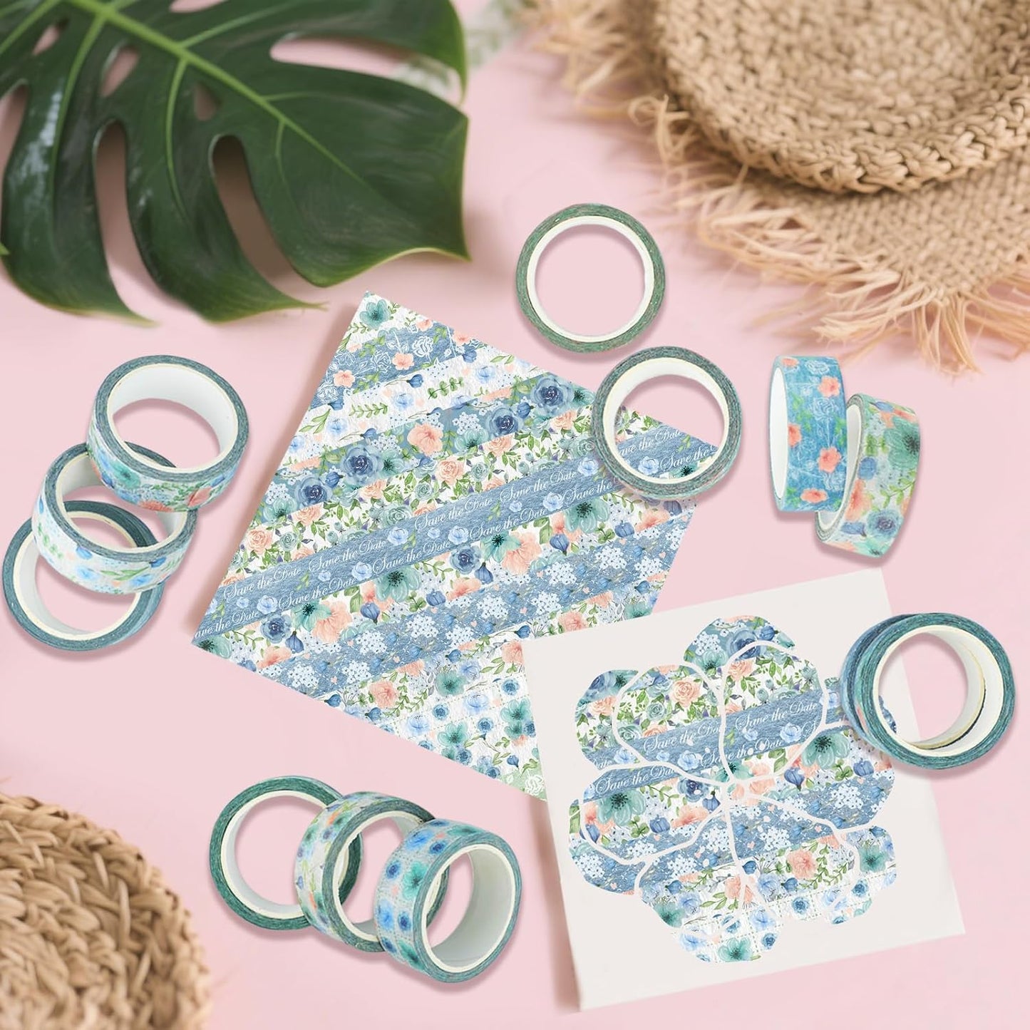 12 Rolls Floral Washi Tape, Blue Rose Flower Masking Tape, Vintage Blue Pink Floral Decorative Tapes for DIY Craft Scrapbook Journals Envelope Thanksgiving Christmas Party Decor Gift Wrapping 16.4FT