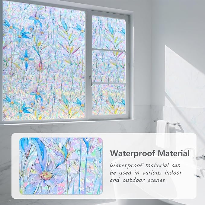 FINNEZ Window Privacy Film Stain Glass Film Flowers Rainbow Window Film Window Clings Non-Adhesive Reusable Decorative for Home（Blue Lotus，35.4 Inch x 6.5 Feet）