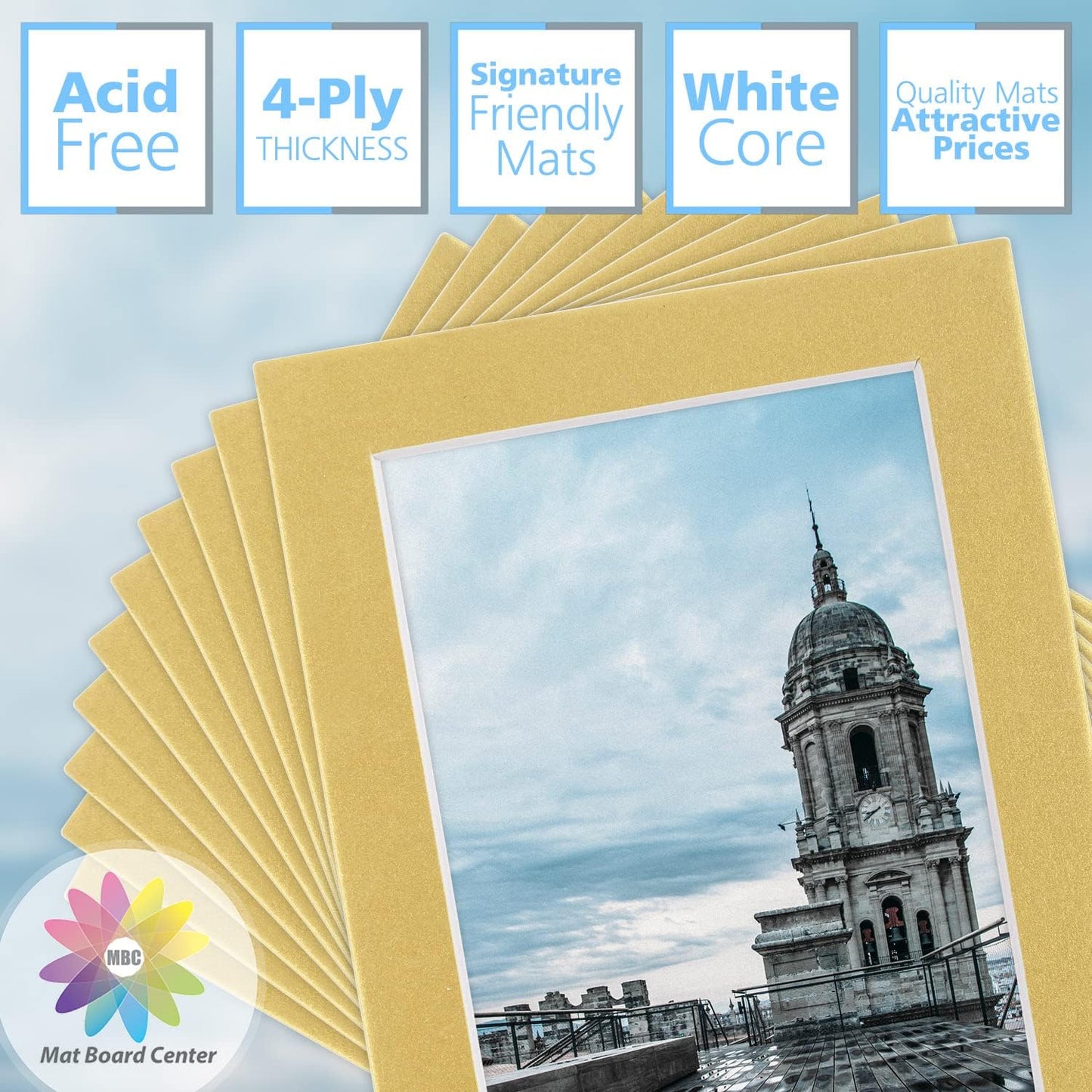 Mat Board Center, Pack of 10, 5x7 for 4x6 Old Gold Color Mats - Bevel Cut, Acid Free, 4-ply Thickness, White Core - for Pictures, Photos, Framing