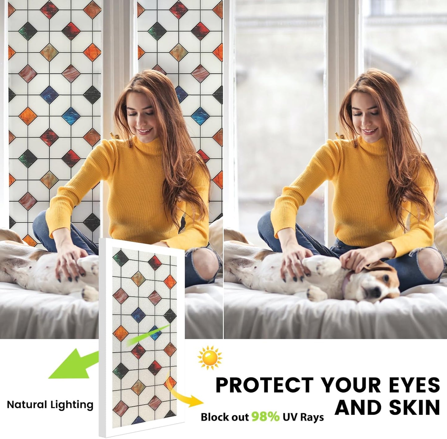 DKTIE Stained Glass Window Film Geometric Patterns, Fine Frosted Window Clings for Glass Windows, Waterproof for Bathroom Window Privacy Film Day and Night (S533, 17.7in X 78.7in)