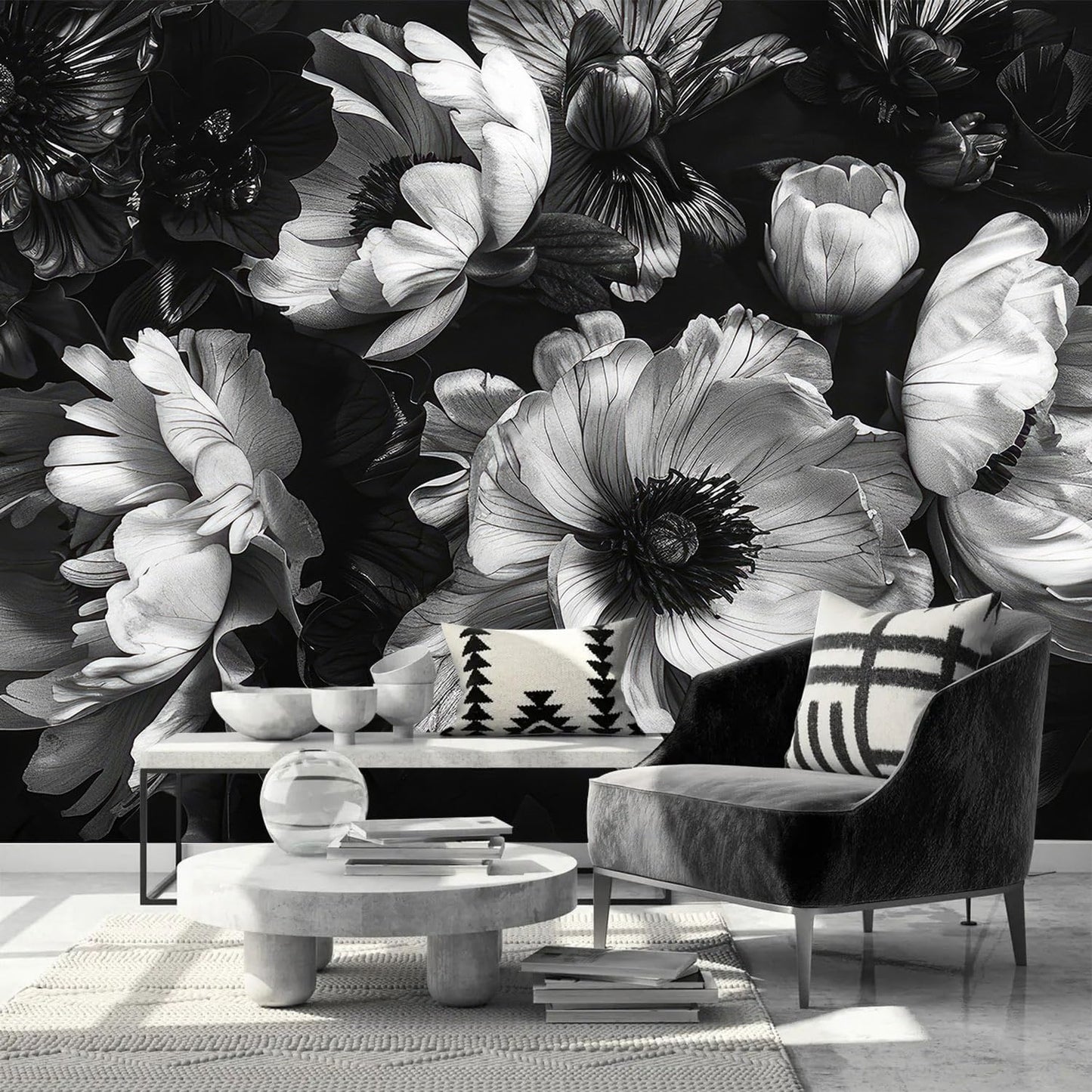 AFZEVEB-Black Peony Floral Wallpaper Vintage Large Flower Wall murals for Bedroom 159"x107"(Not Peel and Stick)