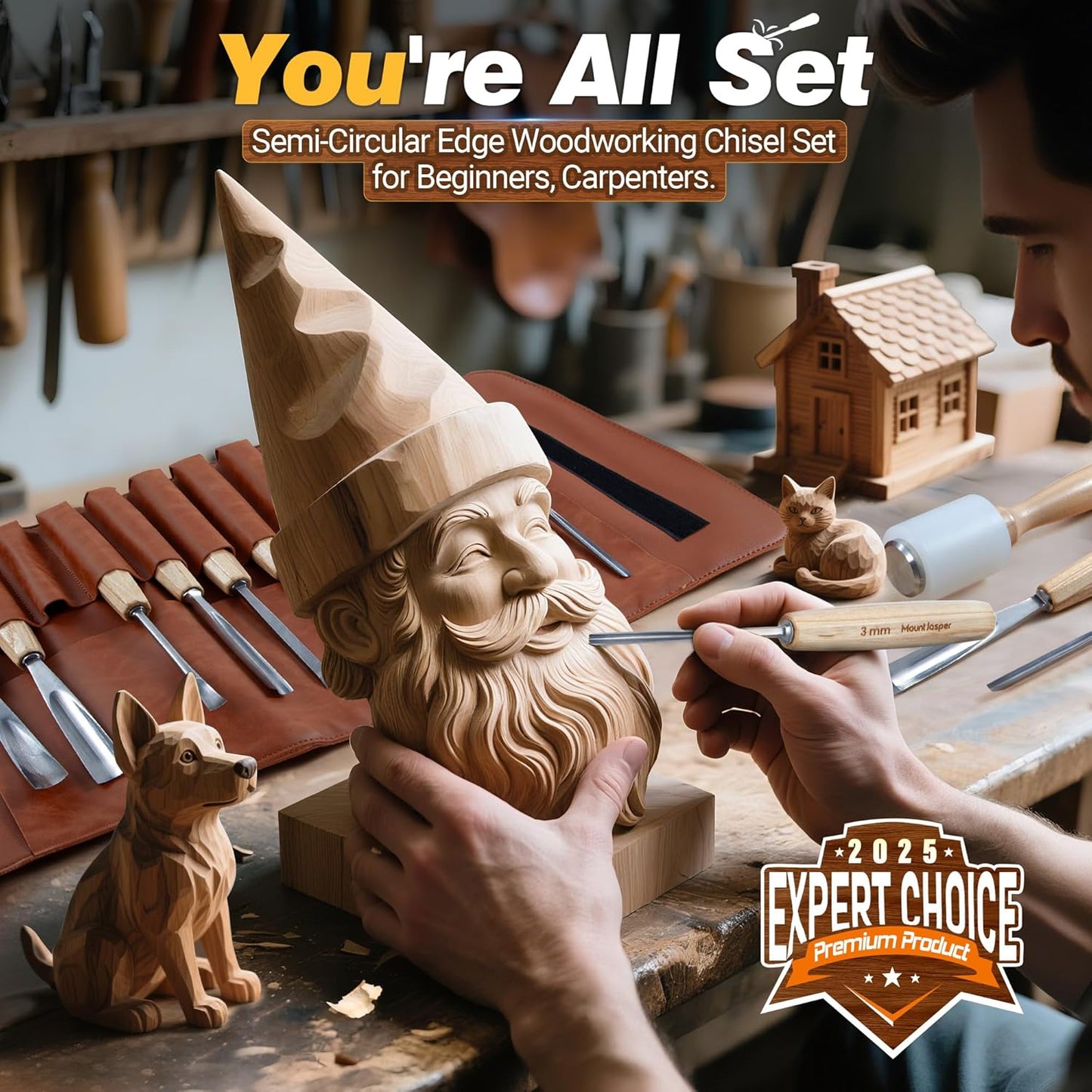 Wood Carving Tools, Wood Carving Kit of 12 Chisels, 1 Nylon Hammer & Leather Bag, CR-V Wood Chisel Set Whittling Kinves Kit, Carving Knife Set for Beginners, Carpenters