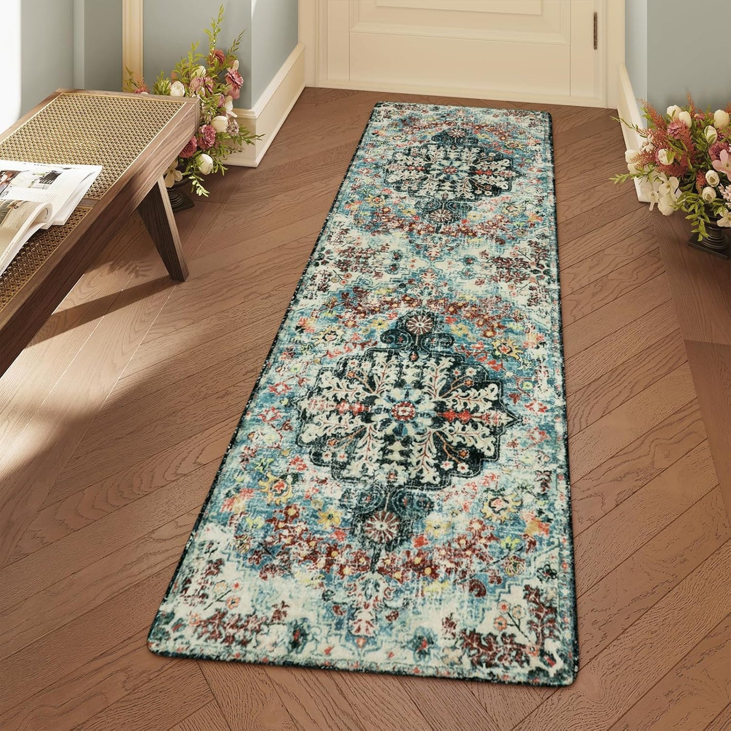 Lahome Bohemian Floral 2'8" x 8' Washable Hallway Runner Rug, Non Slip Kitchen Carpet Runners, Turkish Soft Pet Friendly Stair Mat for Bathroom Laundry Room Sunroom, Teal