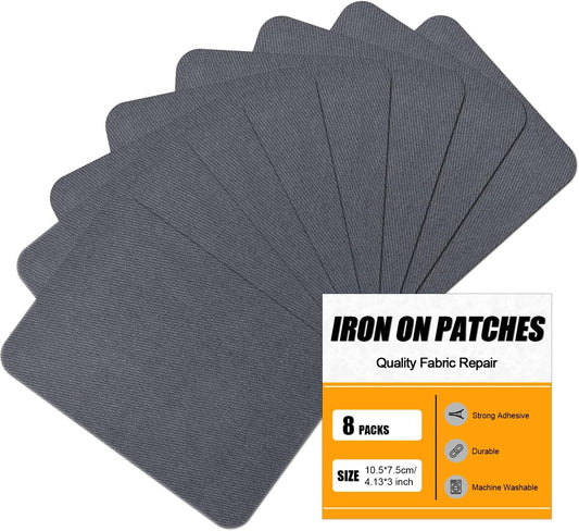 MOONSJONES Iron on Patches for Clothes Fabric Repair, 8 PCS Premium Strongest Glue Cotton Gear Reparing Patch for Holes Inside & Outside Pants, Jeans, Jacket, Hat, Canvas (7.5 cm x 10.5 cm-Dark Gray)
