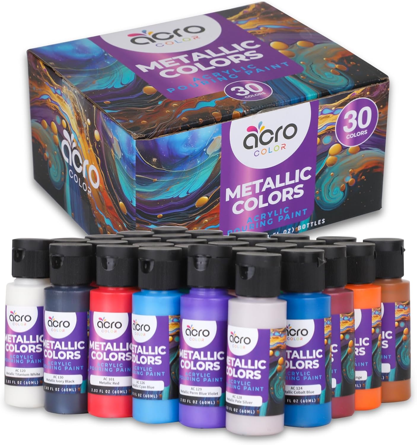 Acrylic Pouring Paint Set | 30 Vibrant Colors Including An Array Of Metallic, Neon & Pastel Paints | Pre Mixed, Ready to Use, High Flow Paint For Canvas, Paper, and More | 2 Ounces Per bottle