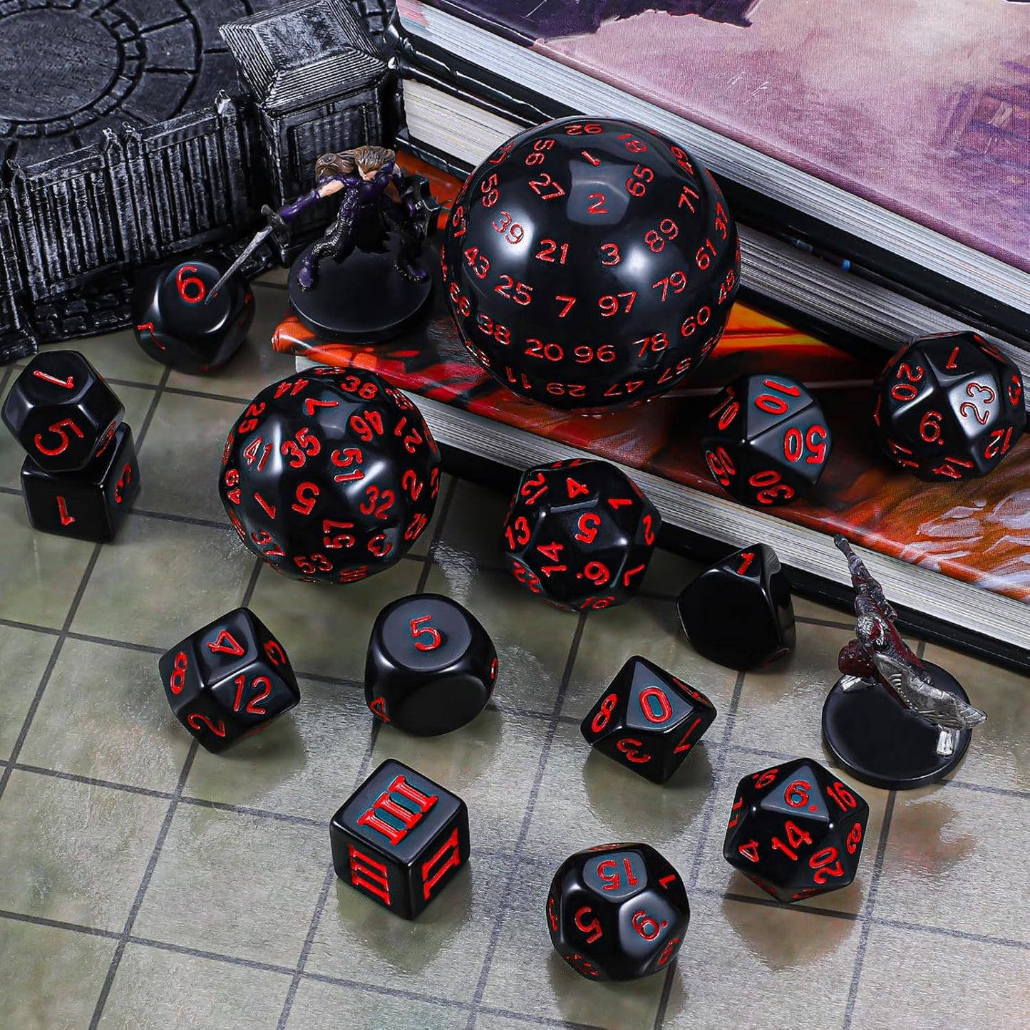 CiaraQ DND Polyhedral Dice Set (15pcs) D4-D100 Game Dice with Dice Bag for Dungeons and Dragons Role Playing Table Games (Black & Red)