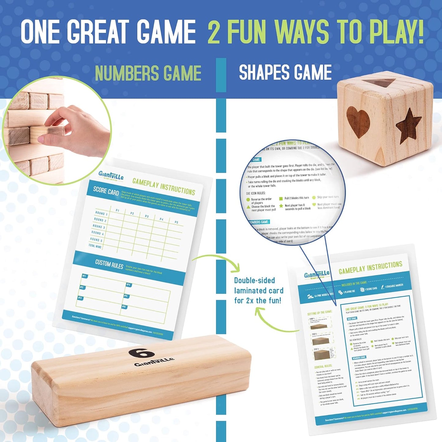 Giantville Giant Tumbling Timber Toy - Premium Pine Wood Life-Size Blocks Tower - Big Floor/Board Indoor/Outdoor Yard Game for Kids & Adults - 54-Pieces + Dice + Carry Bag - Grows to Almost 3-Feet