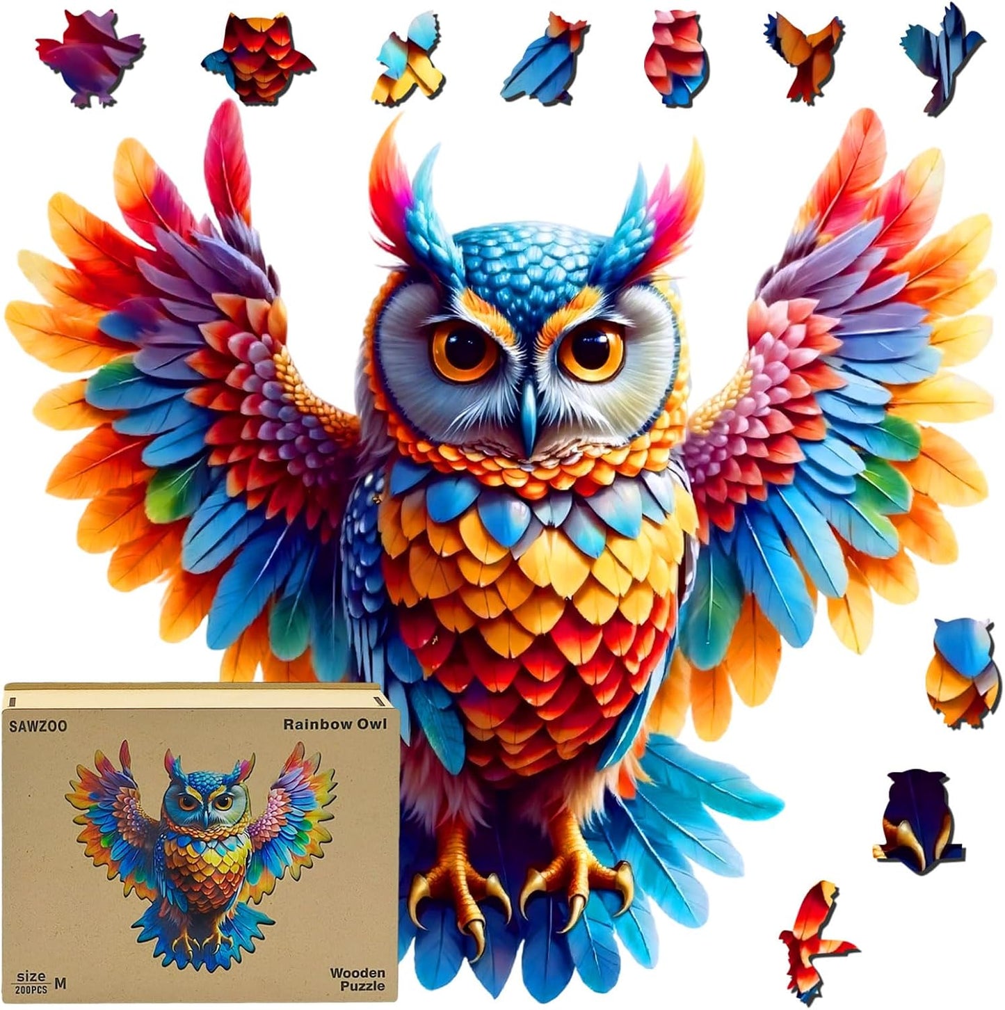 Wooden Jigsaw Puzzles for Adults and Kids, Rainbow Owl 200 Piece Unique Shaped Puzzle, Family Game and Creative Wooden Puzzle Gift, Wall Art Decor