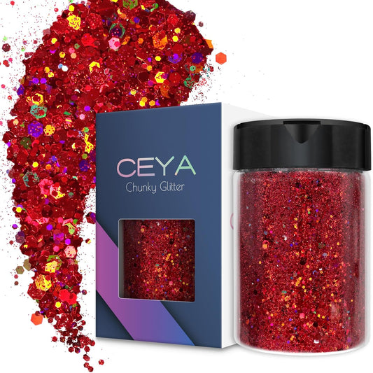 Ceya Holographic Chunky Glitter, 4.9oz/ 140g Wine Red Craft Glitter Powder Mixed Fine Flakes Iridescent Nail Sequins for Nail Art, Hair, Epoxy Resin, Tumblers, Slime, Painting, Festival Decor
