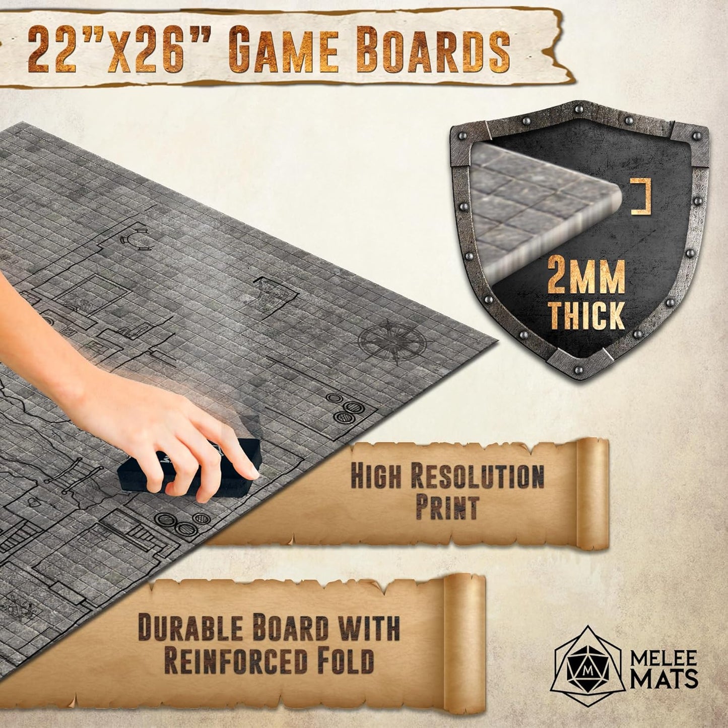 Melee Mats DND Map Starter Kit - 22” x 26" Double Sided, Wet/Dry Erase Battle Terrain Grid - Ultimate Tabletop Board Gaming Experience with Accessories