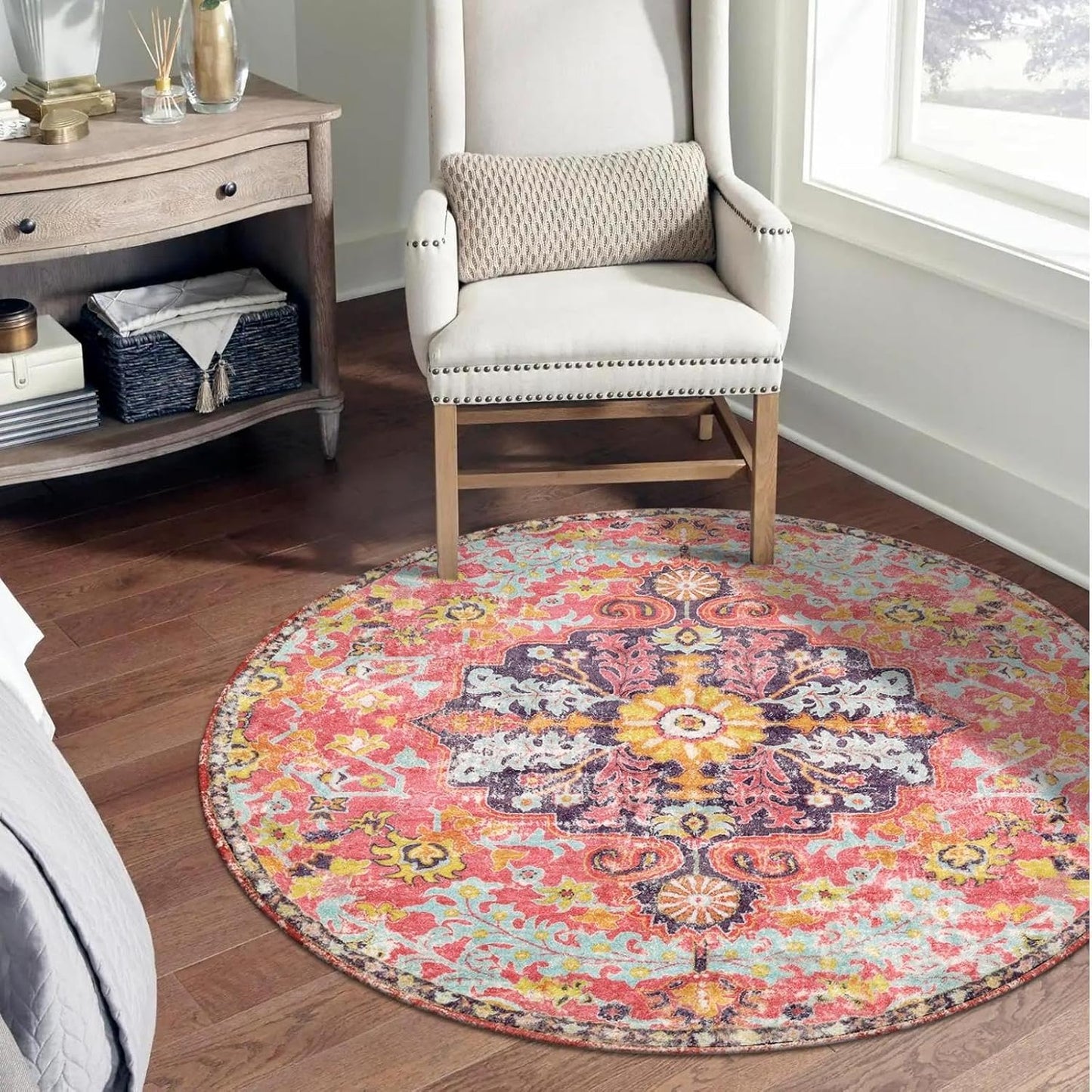 Lahome Bohemian Floral Medallion Round Rug - 3Ft Small Hot Pink Round Area Rug for Girls Bedroom Nursery Mat, Boho Washable Soft Indoor Throw Entryway Carpet for Living Room Office Coffee Table