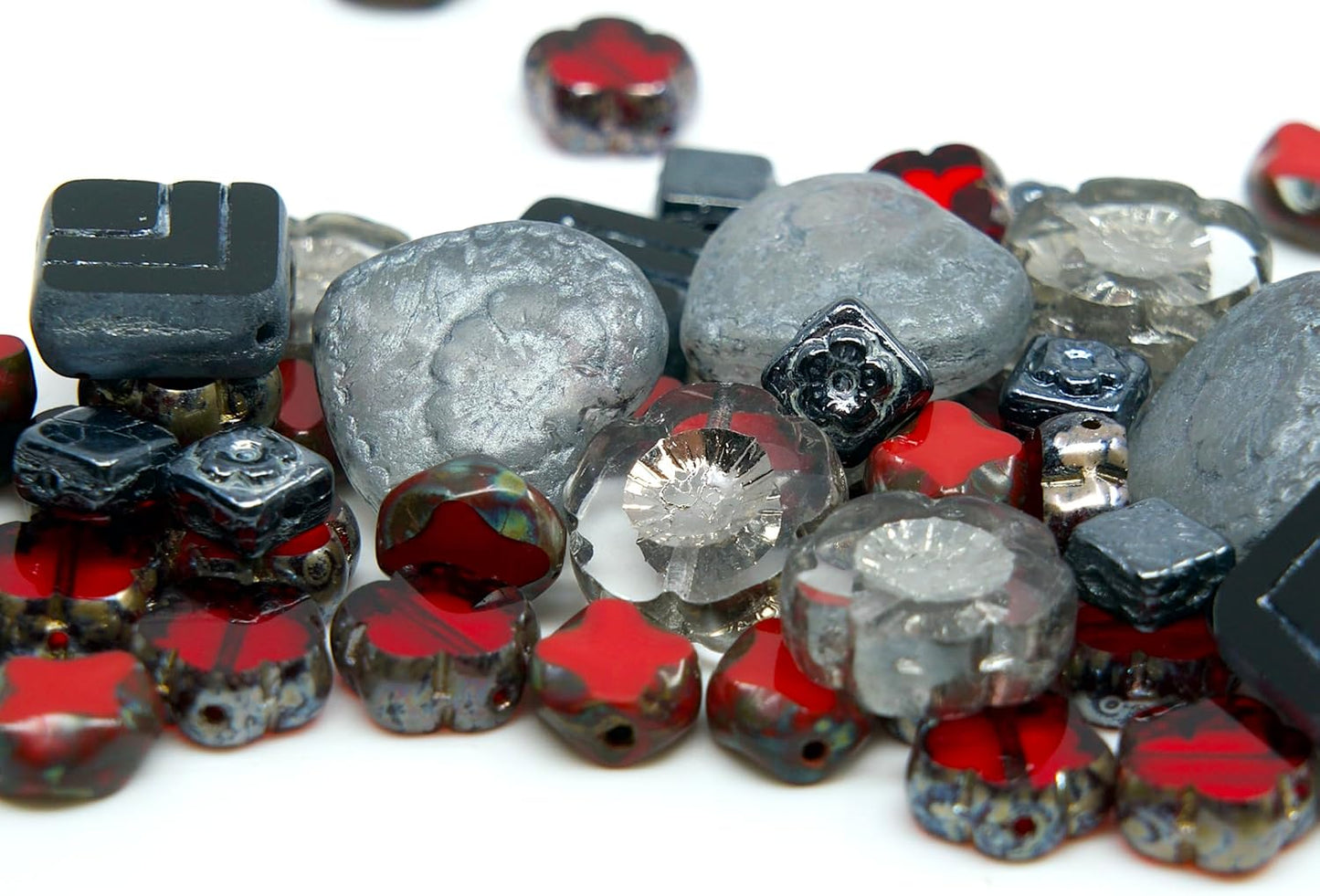 65+ pcs (2.1oz=60g) of Focal Glass Bead Mix with Table-Cut Hawaii Flower and Heart with Rose Beads, PG Gray Red