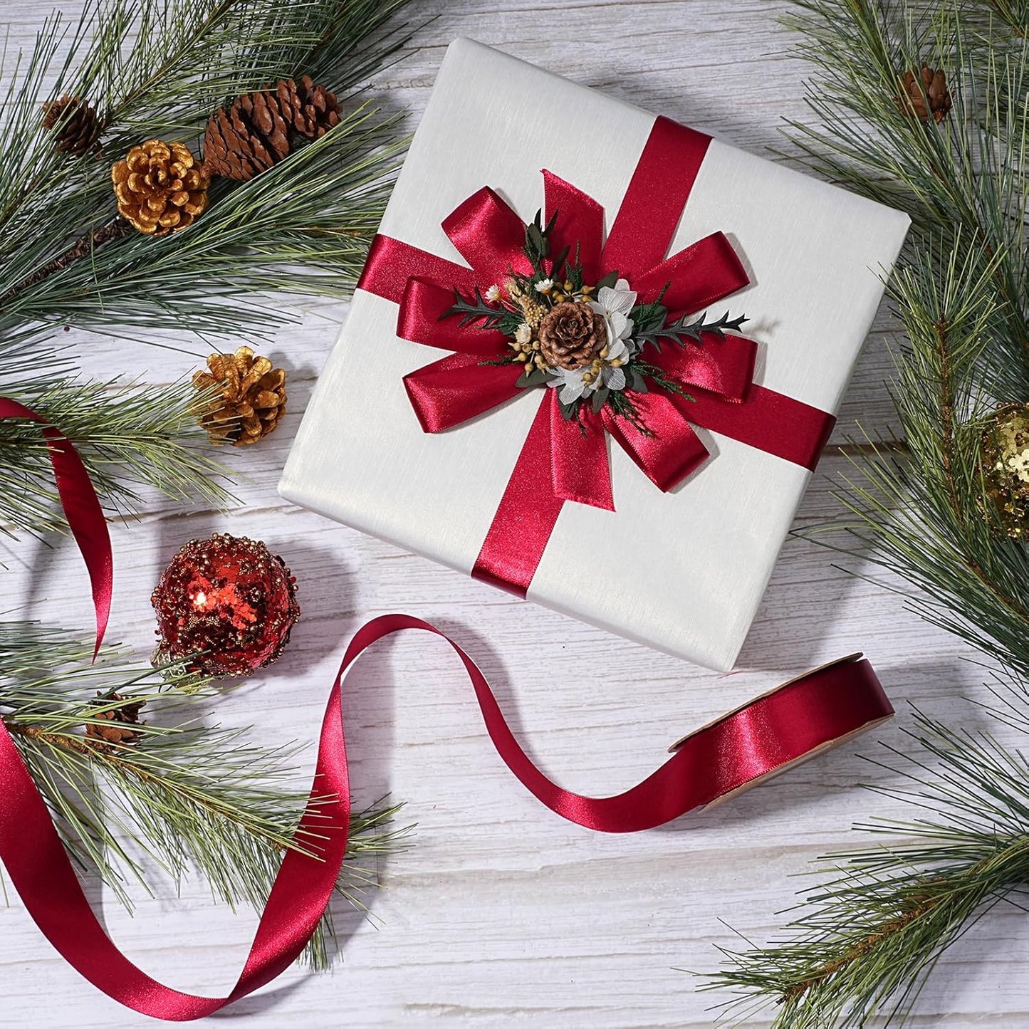 LaRibbons Burgundy Satin Ribbon 1 Inch 50 Yards Luxury Double Faced Red Silk Ribbon for Flower Bouquet Crafts Gift Wrapping Wedding Bow Christmas Decoration