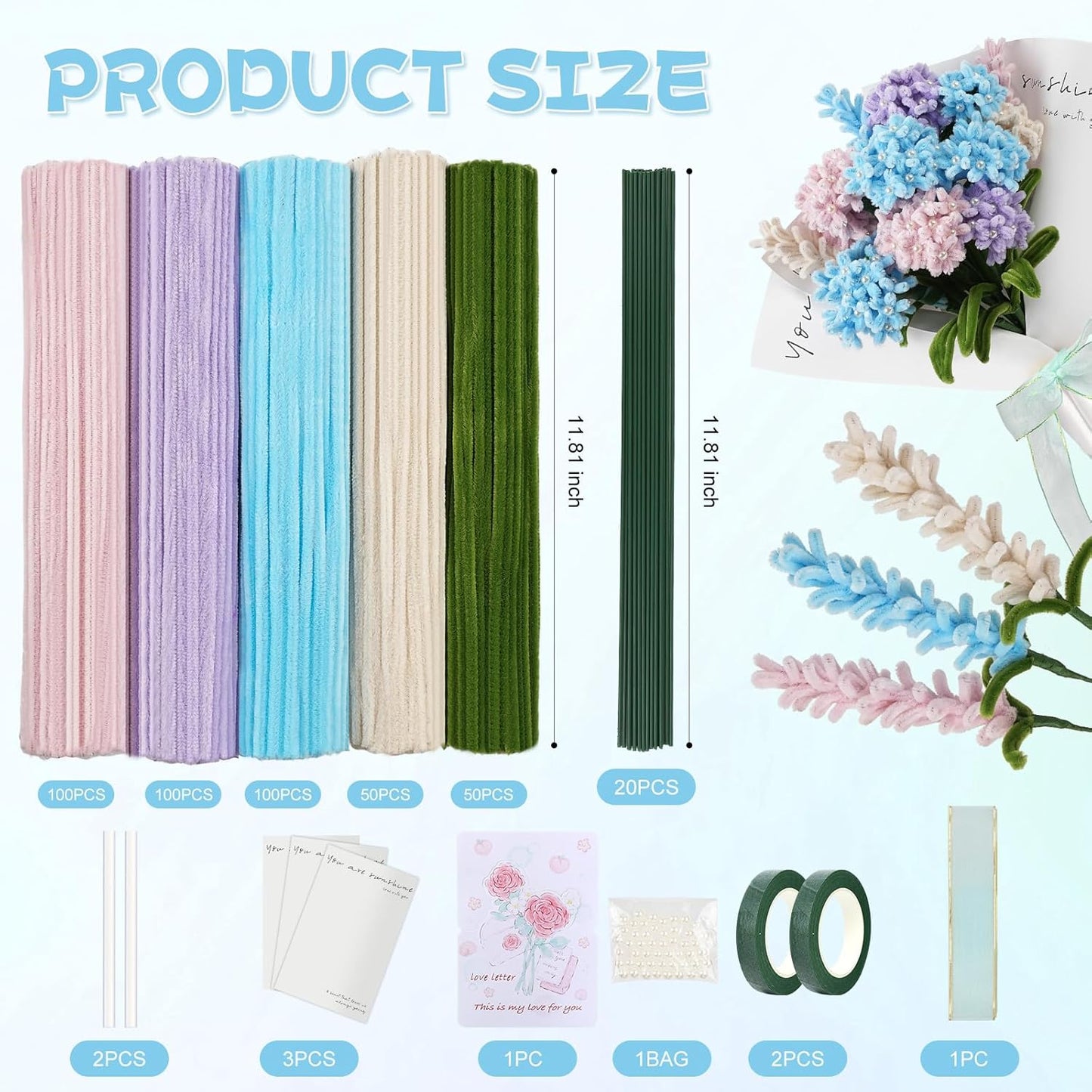 400 Pcs Soft Craft Pipe Cleaners Flowers,5 Colors Chenille Stems Bulk with Floral Wires, Gardening Tape,Greeting Card,Bouquet Paper,Hot Glue Stick,Pearl & Ribbon,Ideals for Various Types Decor