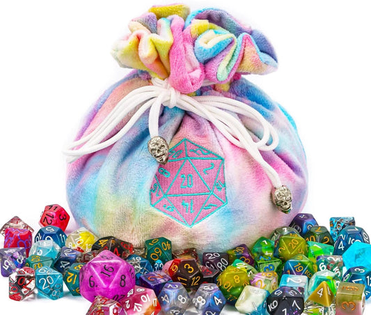 Large Dice Bags with Pockets Rainbow Storage Bag D20 Logo for DND RPG Game Dices (with 1lb Random DND Dice)
