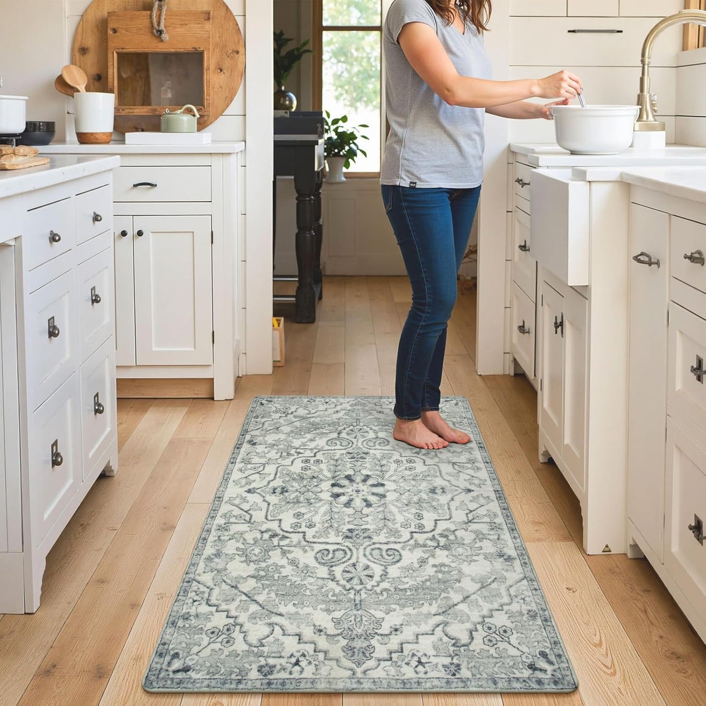 Lahome Bohemian Floral Medallion Area Rug - 3x5 Beige Washable Entryway Rug Office Mat, Transitional Non Slip Indoor Throw Bedroom Carpet for Kitchen Coffee Table Mudroom Dressing Room RV