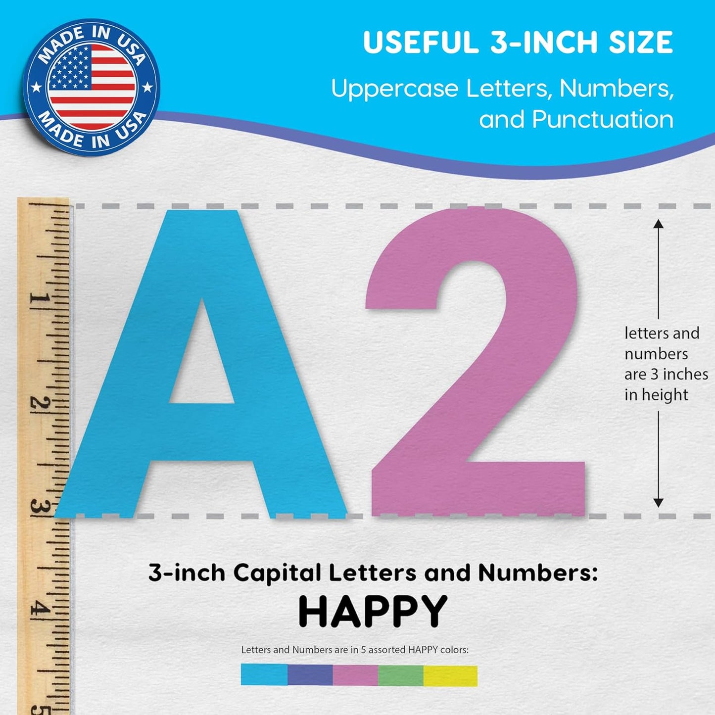209 Pcs 3" Happy Colors Precut Letters & Numbers - Capital, Numbers, Punctuation - US Made Card Stock for Poster, Bulletin Board, Classroom