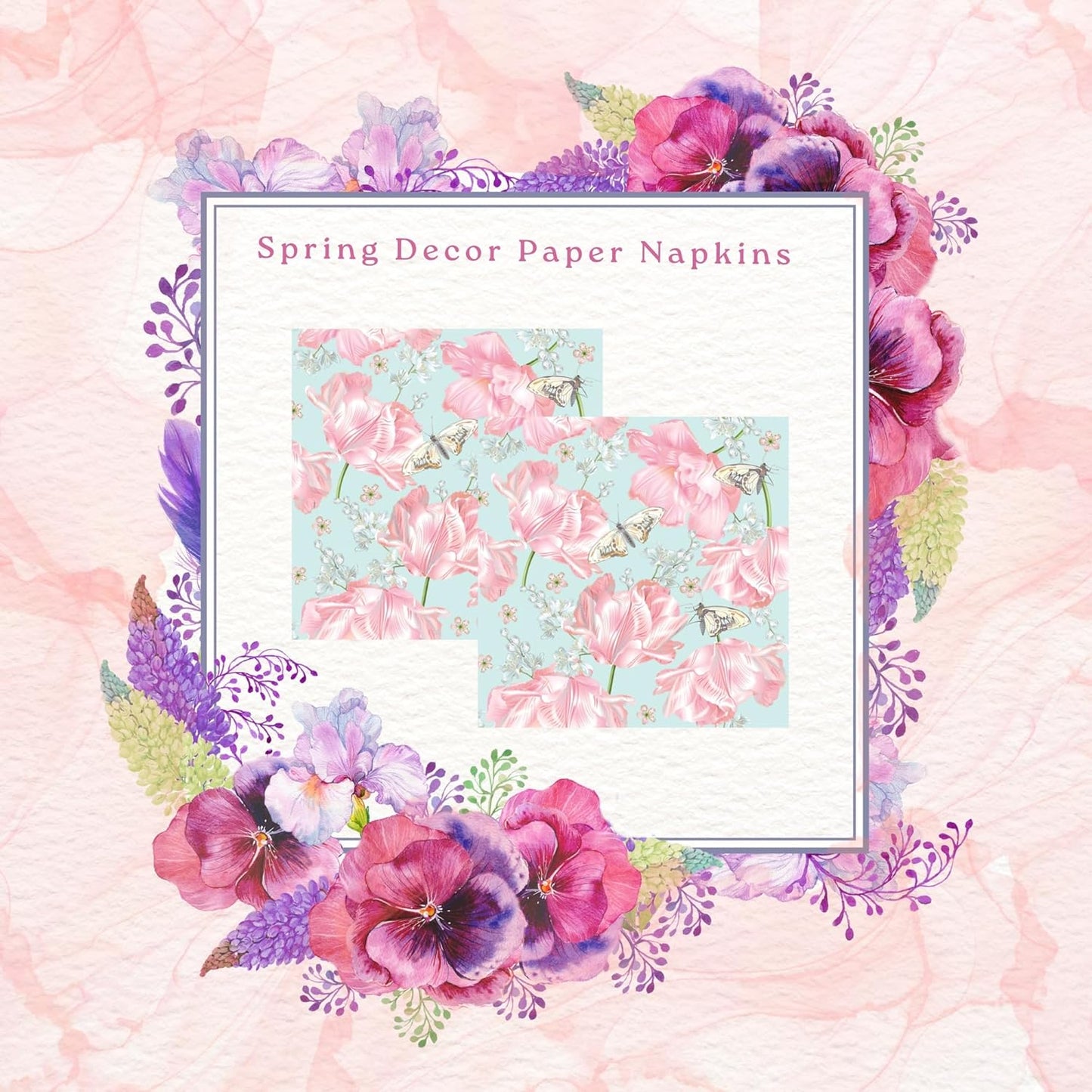 20-ct 13x13 Flowers Paper Luncheon Decoupage Napkins, 3-Ply Servilletas Printed Flower Pink Tulips Cocktail Napkin for Art, Dinner and Party, Disposable Napkins Decor