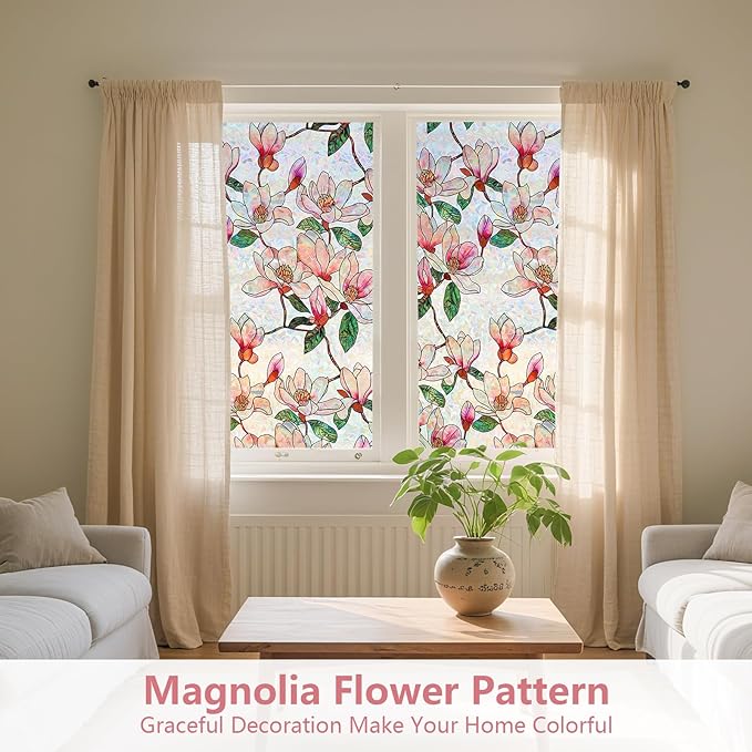 Kromapolis Window Privacy Film, Stained Glass Sticker Floral Window Clings, Decorative Static Clings UV Blocking Colorful Decals, Removable Vinyl Covering Rainbow Magnolia Flowers, 35.4'' x 78.7''