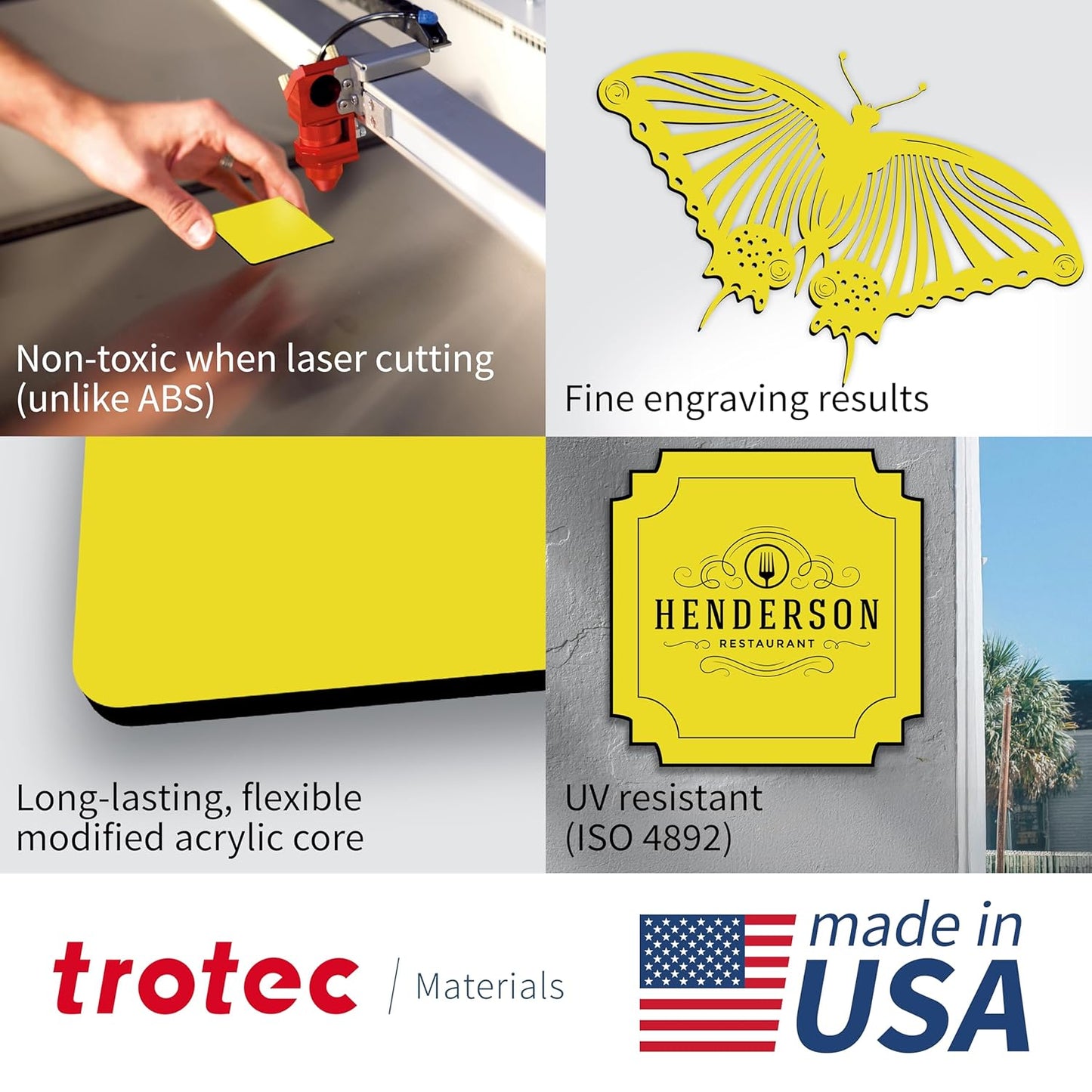 Trotec TroLase | 12"x12"x1/16", 8 Pcs | Yellow/Black | 2 Ply | Modified Acrylic | Laser Engraving Double Color Plastic Sheet | Engraving Blanks for Laser, Saw, Guillotine | Made in USA