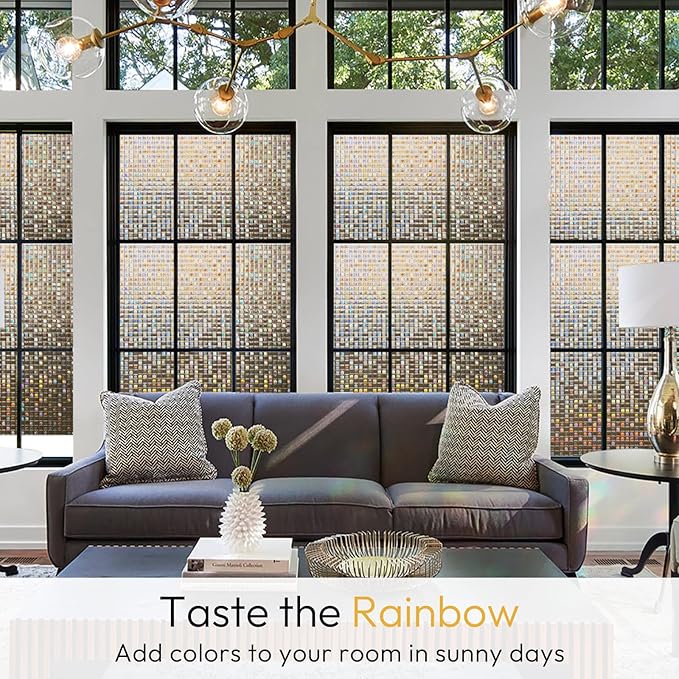 rabbitgoo Window Privacy Film Stained Glass Window Film, Mosaic Rainbow Decorative Glass Cling, Removable Static Cling Tint, Non-Adhesive Privacy Covering for Home, Brown, 11.8 x 78.7 inches
