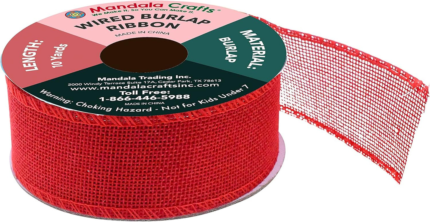 Mandala Crafts Red Burlap Wired Ribbon 1.5 Inches Wide Jute Ribbons for Crafts - 10 Yds Roll Rustic Burlap Wrap Trim Ribbons for Wreaths Bows Party Decoration
