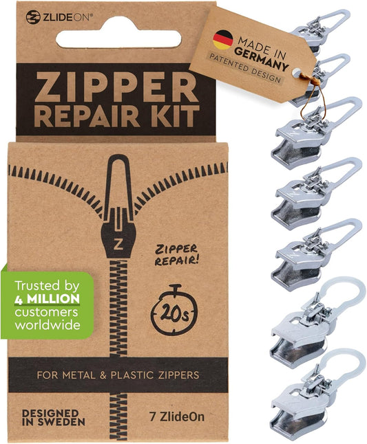ZlideOn Zipper Pull Replacement - 7pcs, Silver, Large - Instant Zipper Replacement Slider Multipack