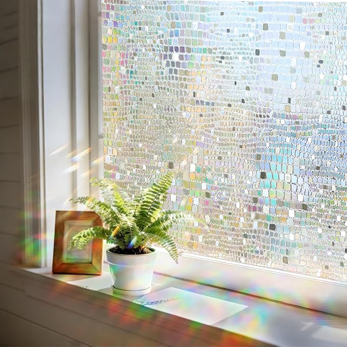 Windimiley Rainbow Window Privacy Film, 3D Stained Glass Christmas Decorative Window Clings, UV Heat Blocking Holographic Prism Stickers for Home(23.6 x 78.7In,Pure)