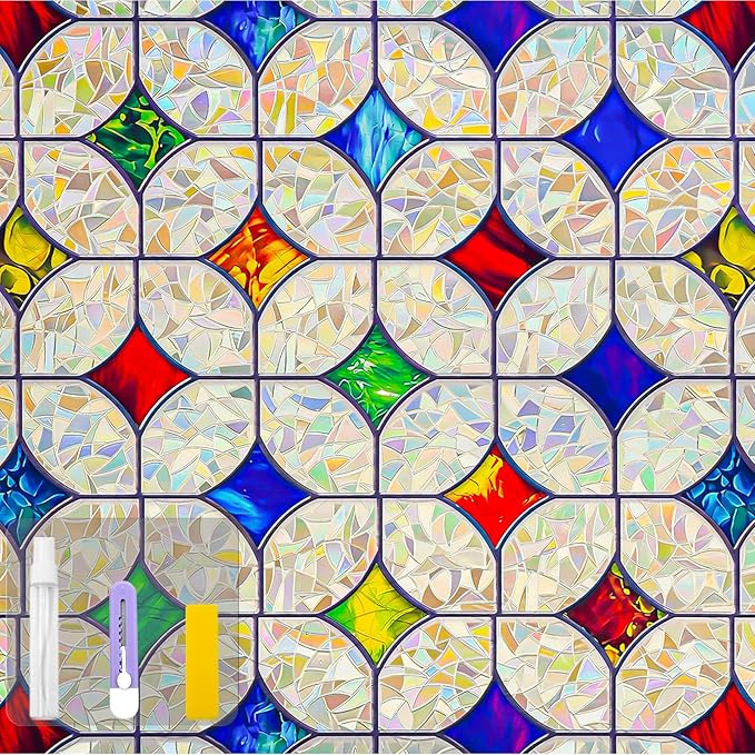 QHY Sunshine Colorful Rainbow Stained Glass Window Film Non-Adhesive Window Privacy Film Reusable Decorative for Room (Rainbow Mosaic, 17.5 X 157.4 in)