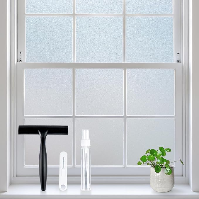 rabbitgoo Frosted Glass Window Privacy Film, No Glue, Anti-Glare Heat Blocking, Easy to Install, Renter Friendly Removable Opaque Bathroom Window Clings for Glass, 17.5 by 157.4 inch