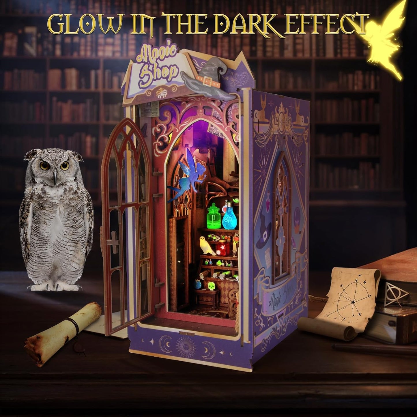 Glow in The Dark Book Nook Kits for Adults, Miniature House Dollhouse Kit for Teens, DIY Crafts for Adults, Bookshelf Decor Magic Shop with LED Light, Gifts for Family and Friends