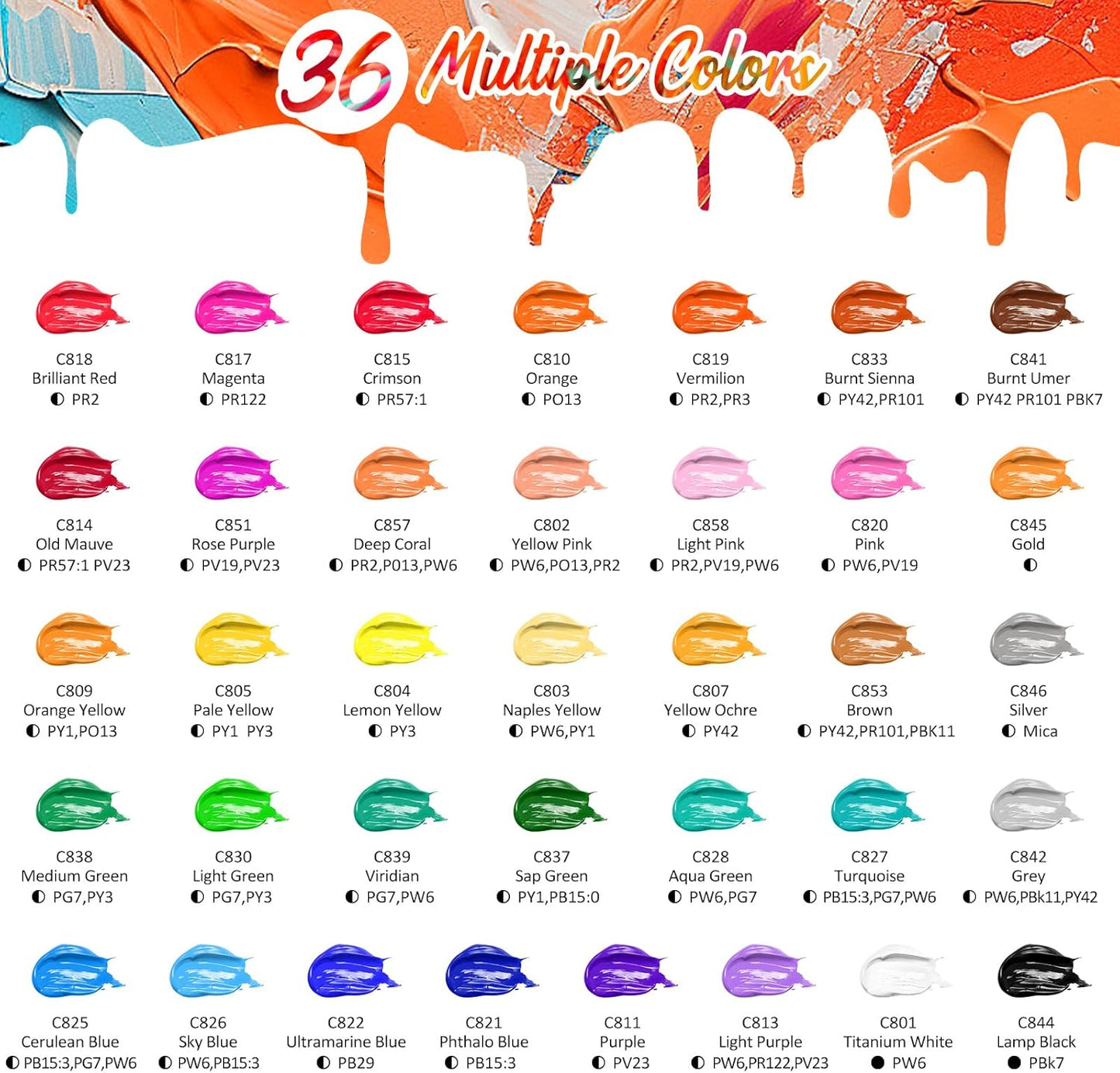 Caliart Acrylic Paint Set with 12 Brushes, 36 Colors (59ml, 2oz) Art Craft Paints Gifts for Artists Adults Beginners Painters, Halloween Pumpkin Canvas Ceramic Rock Painting Kit Art Supplies