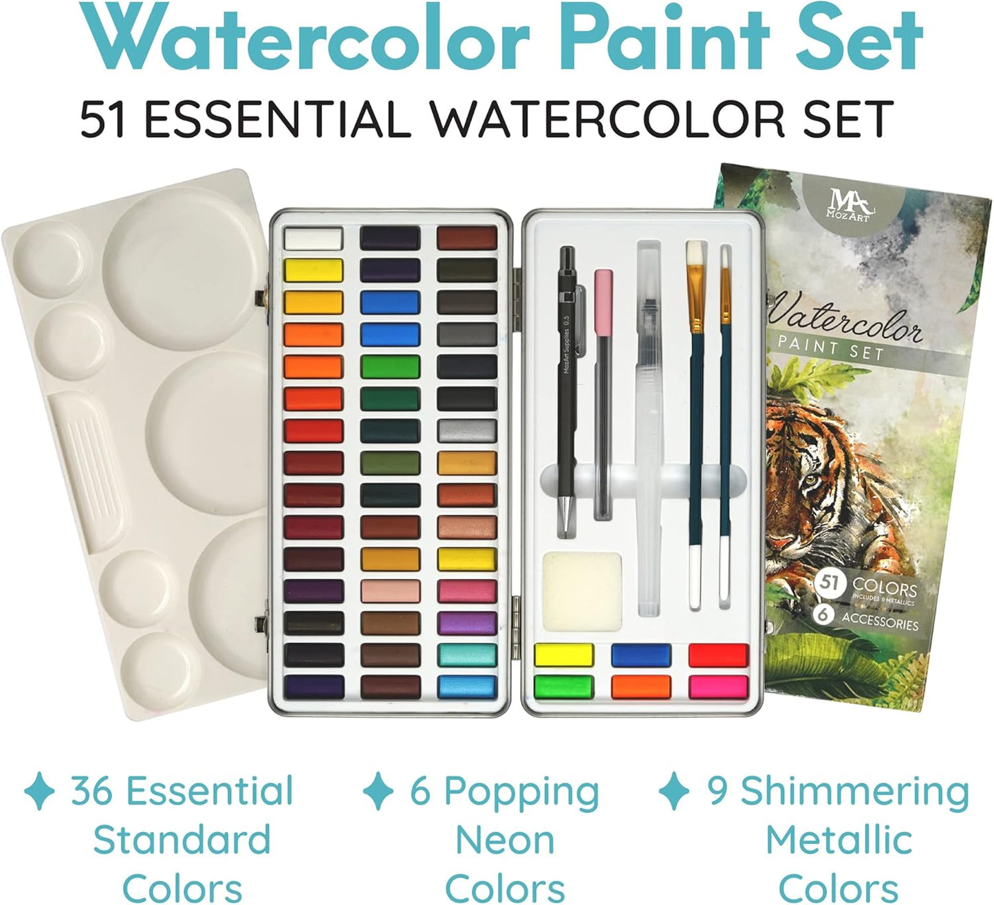 MozArt Supplies - Watercolor paint set 51 Vibrant Colors + accessories - For beginners & professionals
