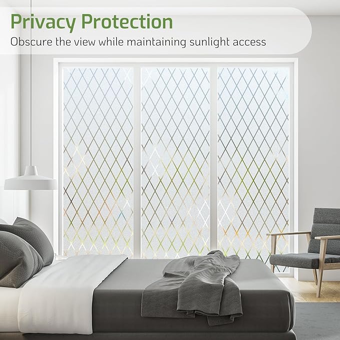 LUTE Frosted Window Privacy Film, Static Cling UV Sun Blocking Heat Control Window Cover, Removable Non-Adhesive Glass Sticker Vinyl Decorative Frosting Decals for Home Office, Lattice, 17.5" x 78.7"