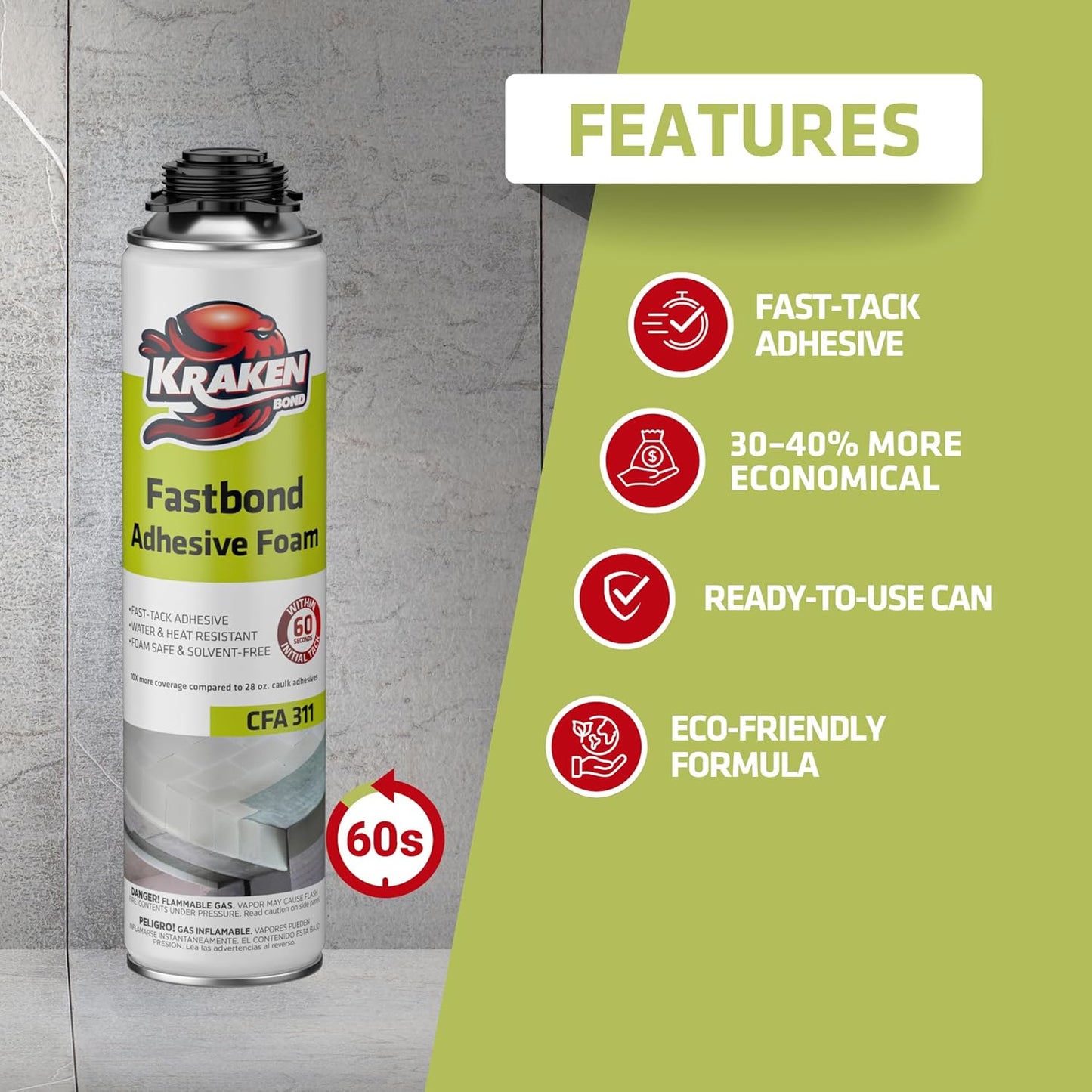 Kraken Bond Fastbond Spray Foam Adhesive (1x24oz.) - Heavy Duty Construction Adhesive for Insulation, Wall & Facade, Concrete, Stone, Subfloor, XPS & EPS Foam Board, Gun Not Included | 1 Pack