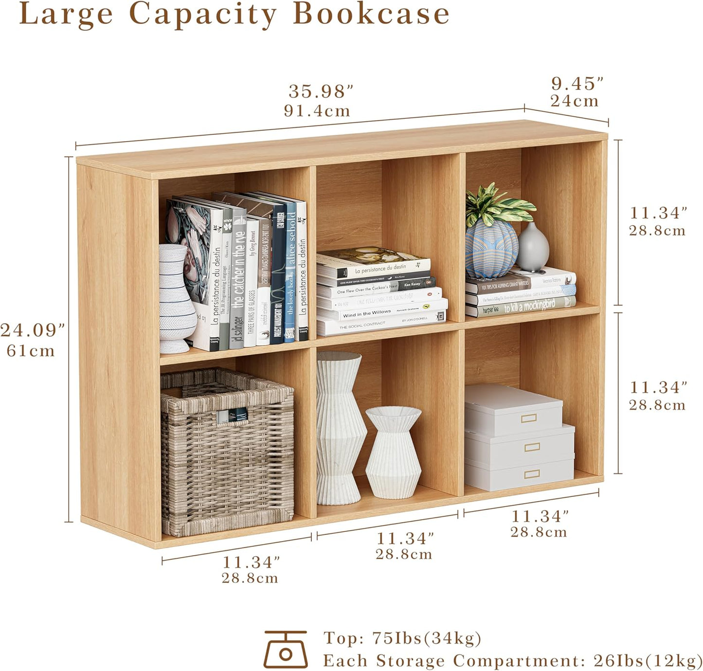 Wooden Cube Storage Organizer with Closed Back Panel, 11in Cube Shelf Opening, Bookshelf, Display Shelf,Closet Cabinet for Home and Office (Natural Oak, 6-Cube 35.98L*9.45W*24.09H)