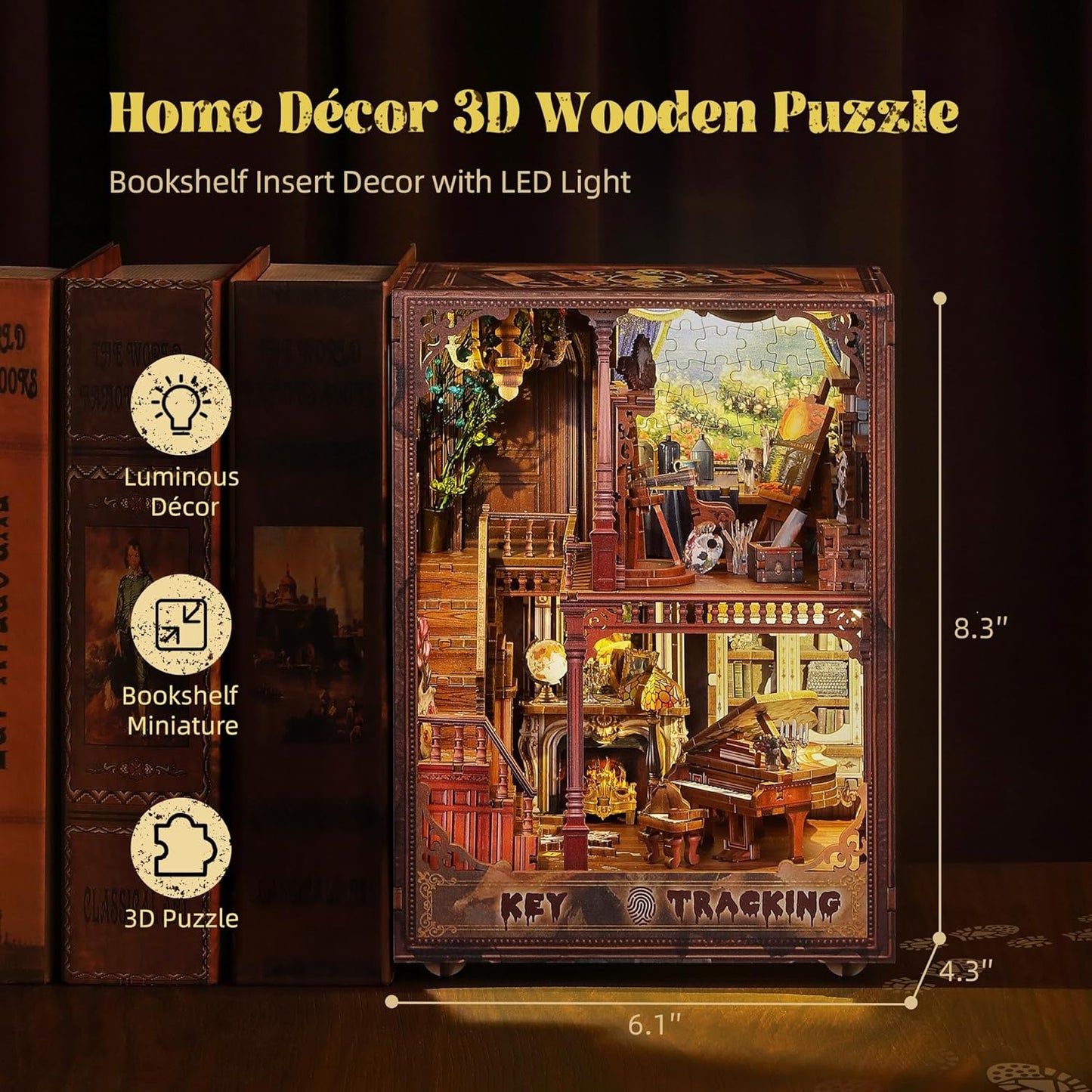 3D Wooden Puzzle Book Nook Kit with LED Light, DIY Miniature Bookshelf Insert Décor for Display, Unique Craft Gift for Adults and Teens (Key Tracking)