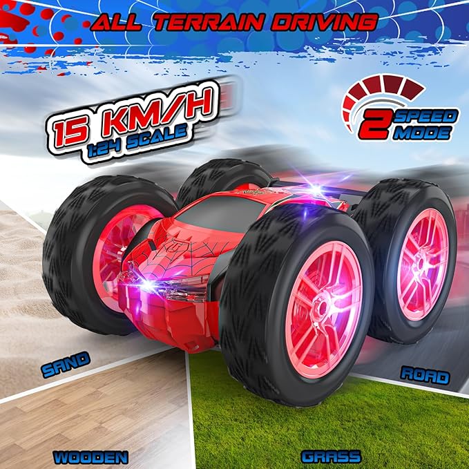 Remote Control Car for Kids, RC Stunt Cars Toys for Boys Ages 4-7 with Cool Double-Sided Pattern and LED Flash, 1:24 Vehicle Toy Car Hobby Racing Car Toys Gift for 3 4 5 6 7 8 9 Year Old Boys