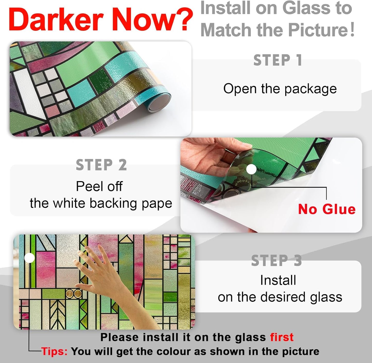 3D Stained Glass Window Privacy Film, Heat Control UV Blocking Static Cling Decorative Window Film for Bathroom,Front Door,Home Non Adhesive,Colorblock 23.6 x 35.4 inches