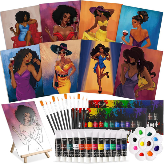 Cholemy 36 Pcs Paint and Sip Kit for Adults 8''x10'' Pre Drawn Canvas for Painting DIY Afro Acrylic Painting Kit Wood Easel Brushes Date Night Bulk for Christmas Party Gifts(Charming Lady)