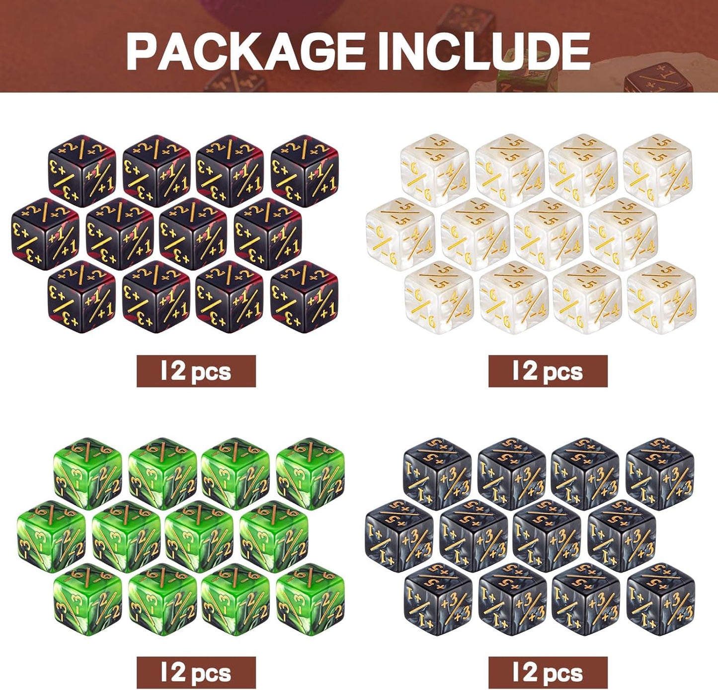 Sumind 48 Pcs Magic Life Counter Dice -1/+1 Counters Commander Buff Tokens 6 Sided Dice Loyalty Life Gifts Compatible with MTG CCG TCG Cards Gaming Accessory (Composite Style)