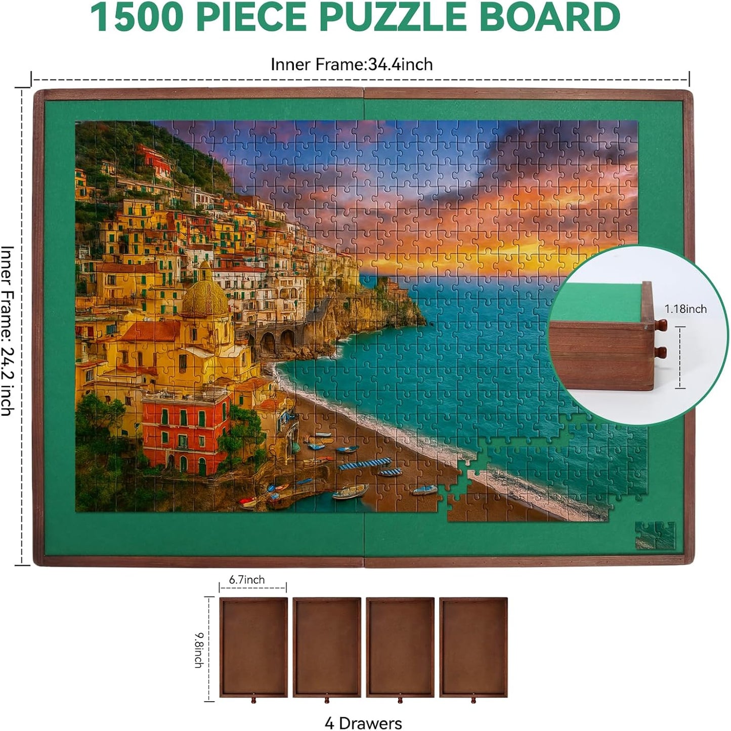 1500 Pieces Rotating Puzzle Board with Drawers and Cover, 34.4"x24.2" Portable Wooden Jigsaw Puzzle Table for Adults and Teens, Puzzle Board with Lazy Susan & Felt, Christmas Birthday Gift