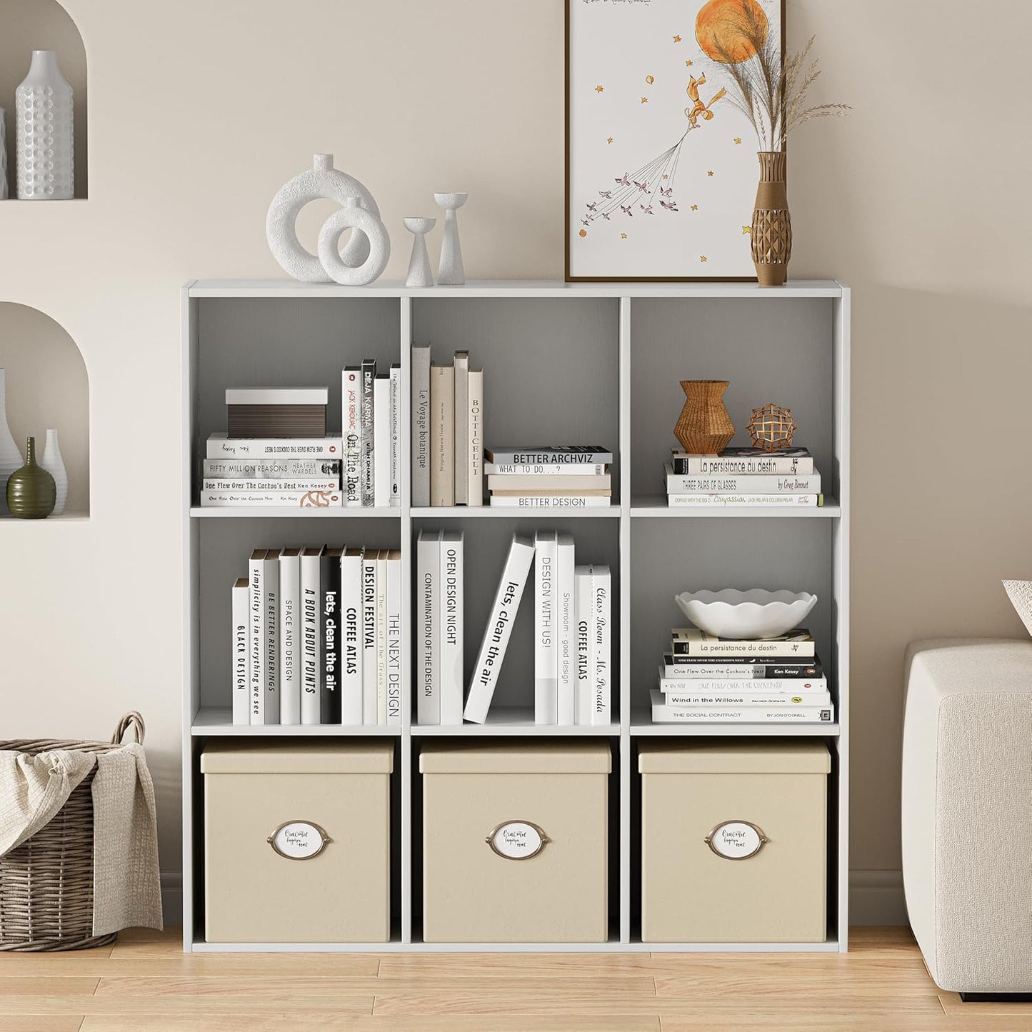 Wooden Storage Organizer with Closed Back Panel, 11in Cube Shelf Opening, Bookshelf, Display Shelf,Closet Cabinet for Home and Office (Embossed White, 9-Cube 35.98L*9.45W*35.91H)