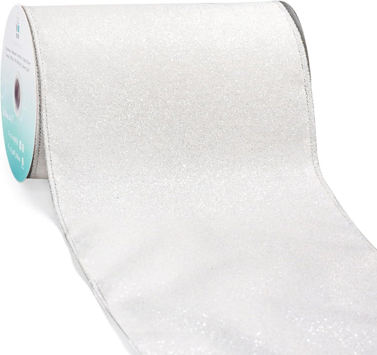 CT CRAFT LLC Glitter Wired Ribbon 6" x 10 Yards White for Christmas Home Decor Bow Gift Wrapping DIY Crafts Wreath