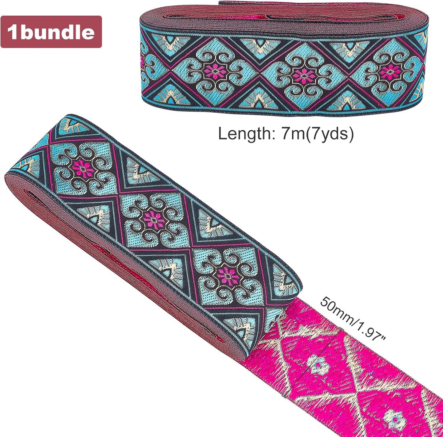 PH PandaHall 2 Inch Embroidered Woven Ribbon, 7 Yards Vintage Jacquard Ribbon Boho Flowers Straps Fabric Trim for Bohemian Persian Clothes Bag Holiday Christmas Decor Gift Wrap Decor