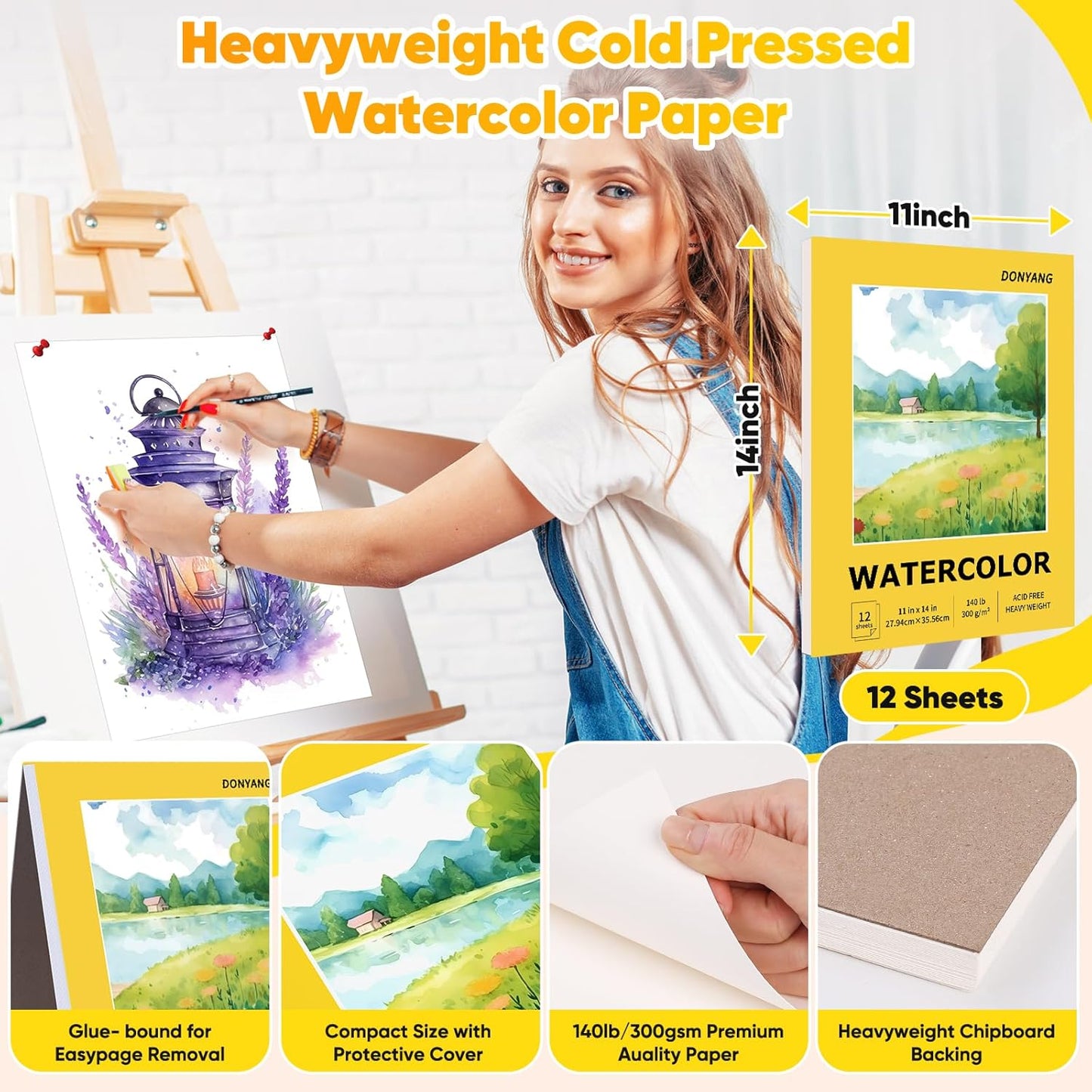 2-Pack 11"x14" Watercolor Paper Pad, Bulk School Teacher Supplies for Adults, 140 lb Cold Press Watercolor Paper for Valentines, Easter, 12 Sheets Art Sketch Coloring Painting Drawing Book Paper