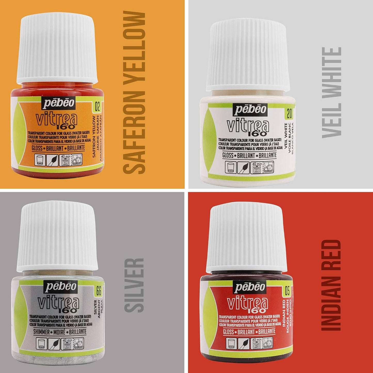 Pebeo Vitrea 160 Glass Paint - Transparent Colour Glossy and Brilliant - Made in France - DIY Craft Paint for Stained Glass and More - Set of 8 Colors Bundled Application Brushes