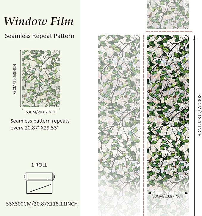 Rainbow Window Privacy Film Stained Glass Handmade Design for Bathroom, Ginkgo Leaves, 118.11'' x 20.87''