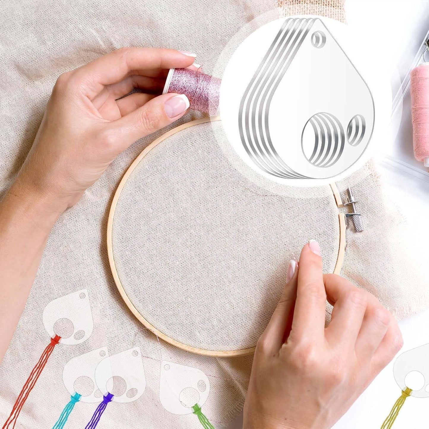 50Pcs Acrylic Embroidery Floss Organizer with 1Pc Hinged Ring, 50x43x2.5mm Slim Thread Bobbins for DIY Sewing & Craft Projects (Teardrop)